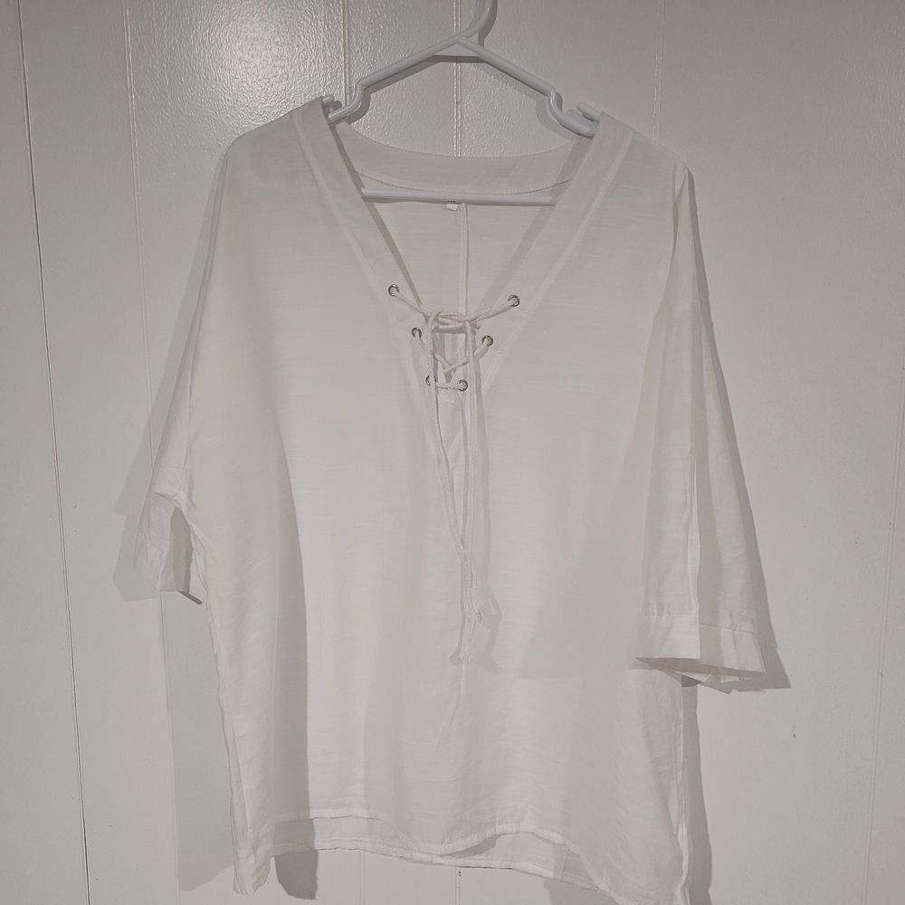 Women's White Lace-Up Short Sleeve Tunic Peasant Blouse